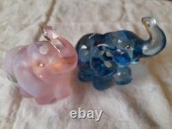 Fenton Art Glass Elephants Pair Of 2 Pink & Indigo Blue Handpainted
