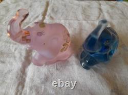 Fenton Art Glass Elephants Pair Of 2 Pink & Indigo Blue Handpainted