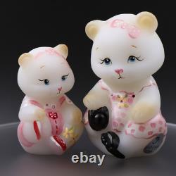 Fenton Art Glass Hand Painted Mama and Baby Bear in Pink Jumper Set of 2