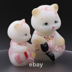 Fenton Art Glass Hand Painted Mama and Baby Bear in Pink Jumper Set of 2