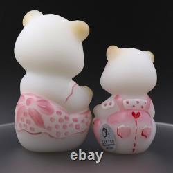 Fenton Art Glass Hand Painted Mama and Baby Bear in Pink Jumper Set of 2