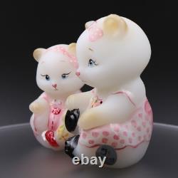 Fenton Art Glass Hand Painted Mama and Baby Bear in Pink Jumper Set of 2