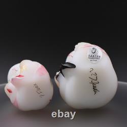 Fenton Art Glass Hand Painted Mama and Baby Bear in Pink Jumper Set of 2