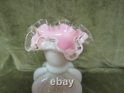Fenton Art Glass Large 9 Peach Crest Pink White Clear Ruffled Melon Rib Vase