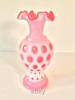 Fenton Art Glass Opalescent Cranberry Pink Coin Dot Ruffled XL Vase 8.75 MCM