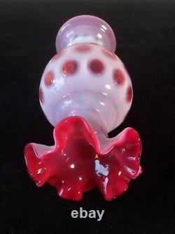 Fenton Art Glass Opalescent Cranberry Pink Coin Dot Ruffled XL Vase 8.75 MCM