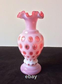 Fenton Art Glass Opalescent Cranberry Pink Coin Dot Ruffled XL Vase 8.75 MCM