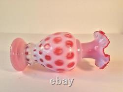 Fenton Art Glass Opalescent Cranberry Pink Coin Dot Ruffled XL Vase 8.75 MCM