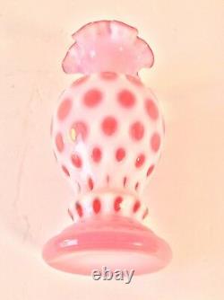 Fenton Art Glass Opalescent Cranberry Pink Coin Dot Ruffled XL Vase 8.75 MCM