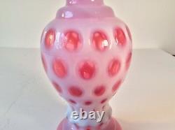 Fenton Art Glass Opalescent Cranberry Pink Coin Dot Ruffled XL Vase 8.75 MCM