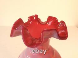 Fenton Art Glass Opalescent Cranberry Pink Coin Dot Ruffled XL Vase 8.75 MCM