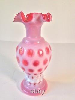 Fenton Art Glass Opalescent Cranberry Pink Coin Dot Ruffled XL Vase 8.75 MCM
