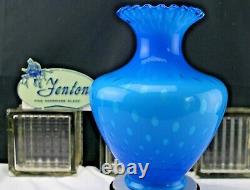 Fenton Art Glass Opaque Blue Overlay Bubble Optic Vase Large Scarce Made 1961-62