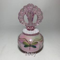 Fenton Art Glass Pink Iridescent Perfume Bottle Hand Painted Dragonfly signed