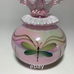 Fenton Art Glass Pink Iridescent Perfume Bottle Hand Painted Dragonfly signed