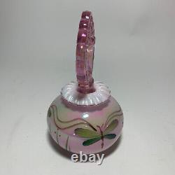 Fenton Art Glass Pink Iridescent Perfume Bottle Hand Painted Dragonfly signed