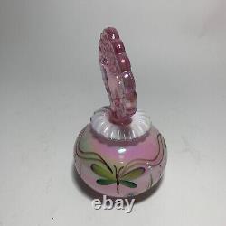 Fenton Art Glass Pink Iridescent Perfume Bottle Hand Painted Dragonfly signed