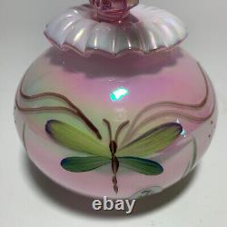 Fenton Art Glass Pink Iridescent Perfume Bottle Hand Painted Dragonfly signed