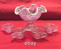 Fenton Art Glass Rose Pearl Miniature Punch Bowl Set- Hobstar/feather Design