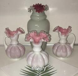 Fenton Art Glass Vase Handled Pink White Ruffled Crest CrimpedRim VTG Lot 4