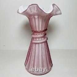 Fenton Art Glass Wheat Vase Dusty Rose Overlay 7.5Crimped Ruffled 1980s