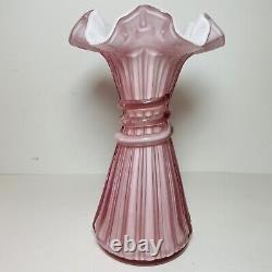 Fenton Art Glass Wheat Vase Dusty Rose Overlay 7.5Crimped Ruffled 1980s