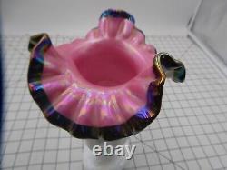 Fenton Black Rose Hand Vase Iridized White Hand with Pink/Black Flower Vase