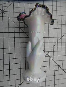 Fenton Black Rose Hand Vase Iridized White Hand with Pink/Black Flower Vase
