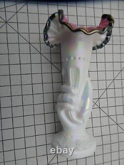 Fenton Black Rose Hand Vase Iridized White Hand with Pink/Black Flower Vase