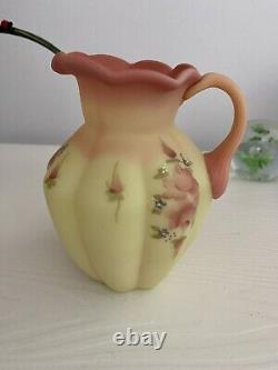 Fenton Burmese Art Glass Pitcher/Vase HP Flowers Artist Signed and Dated 1990