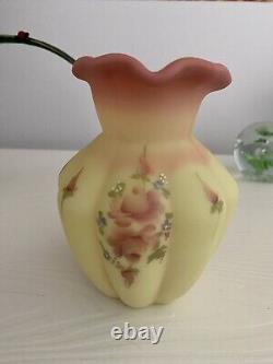 Fenton Burmese Art Glass Pitcher/Vase HP Flowers Artist Signed and Dated 1990