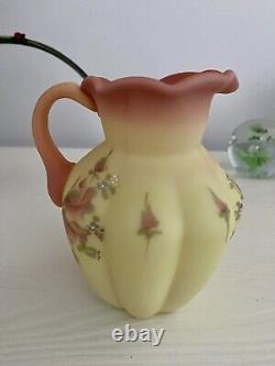 Fenton Burmese Art Glass Pitcher/Vase HP Flowers Artist Signed and Dated 1990