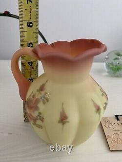 Fenton Burmese Art Glass Pitcher/Vase HP Flowers Artist Signed and Dated 1990