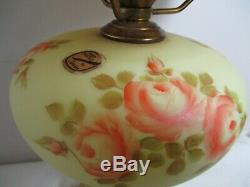 Fenton Burmese Art Glass Student Lamp Hand Painted Roses Louise Piper 1971