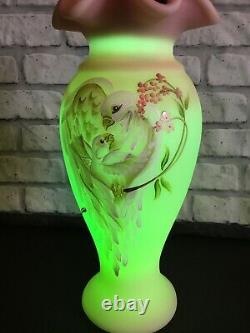 Fenton Burmese Glass Vase Family Signature Series Hand Painted Limited Ed Doves