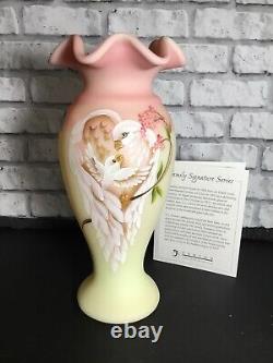 Fenton Burmese Glass Vase Family Signature Series Hand Painted Limited Ed Doves