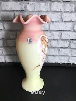 Fenton Burmese Glass Vase Family Signature Series Hand Painted Limited Ed Doves