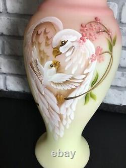 Fenton Burmese Glass Vase Family Signature Series Hand Painted Limited Ed Doves