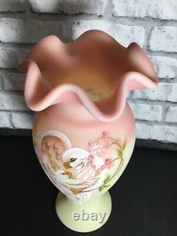 Fenton Burmese Glass Vase Family Signature Series Hand Painted Limited Ed Doves