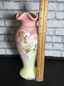 Fenton Burmese Glass Vase Family Signature Series Hand Painted Limited Ed Doves