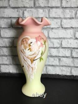 Fenton Burmese Glass Vase Family Signature Series Hand Painted Limited Ed Doves
