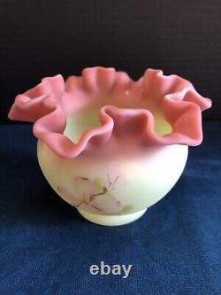 Fenton Burmese Glass Vase Hand Painted Pink Dogwood Pinched Edge