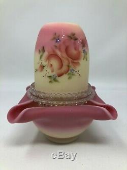 Fenton Burmese Hand Painted Rose Flowers 3 Piece Fairy Lamp