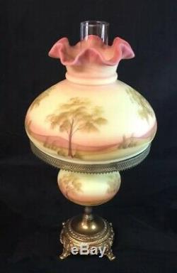 Fenton Burmese Lamp Hand Painted By Connie Ash 1974 #1533 Table Student Lamp