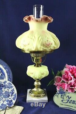Fenton Burmese WithHand Painted Roses Student Lamp 1990 85th Anniversary A. Farley