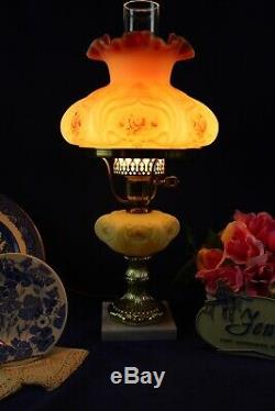 Fenton Burmese WithHand Painted Roses Student Lamp 1990 85th Anniversary A. Farley