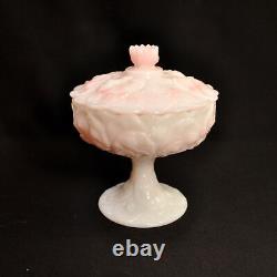 Fenton Candy Bowl withLid Pedestal Compote Rosalene Waterlily Pink Milk Glass 1976