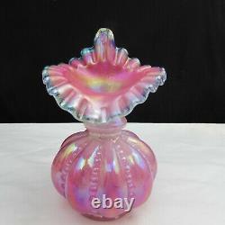Fenton Cased Cranberry Opal Teal Iridescent Beaded Melon Vase JIP LE 1988 W61