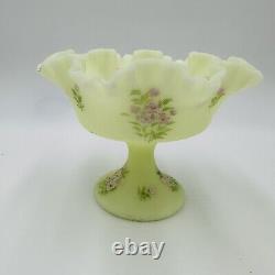 Fenton Centerpiece Pedestal Art Glass Pink Blossoms Uranium Custard Glows