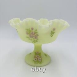 Fenton Centerpiece Pedestal Art Glass Pink Blossoms Uranium Custard Glows